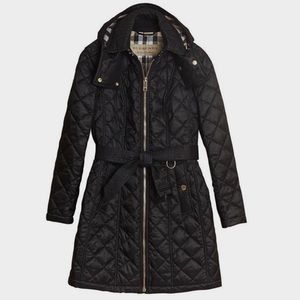 Black quilted Burberry coat